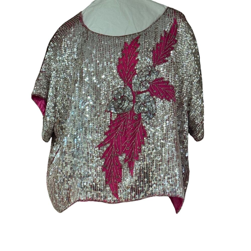 Vintage 80s J.L.B. 100% Silk Silver Sequin Hot Pink Floral Blouse Women Size 2x